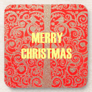 Merry Christmas Golden Red Snow Glitter Hearts Art Coaster