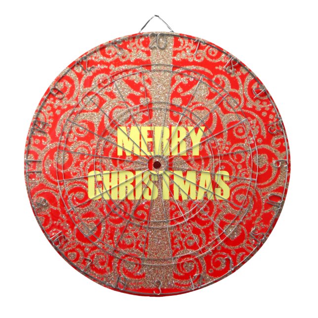 Merry Christmas Golden Red Snow Glitter Hearts Art Dartboard (Front)