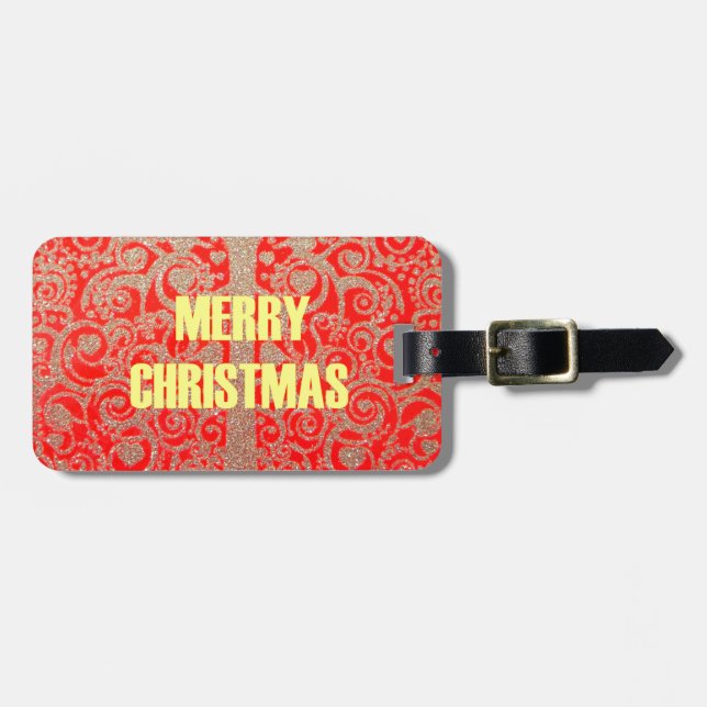 Merry Christmas Golden Red Snow Glitter Hearts Art Luggage Tag (Front Horizontal)