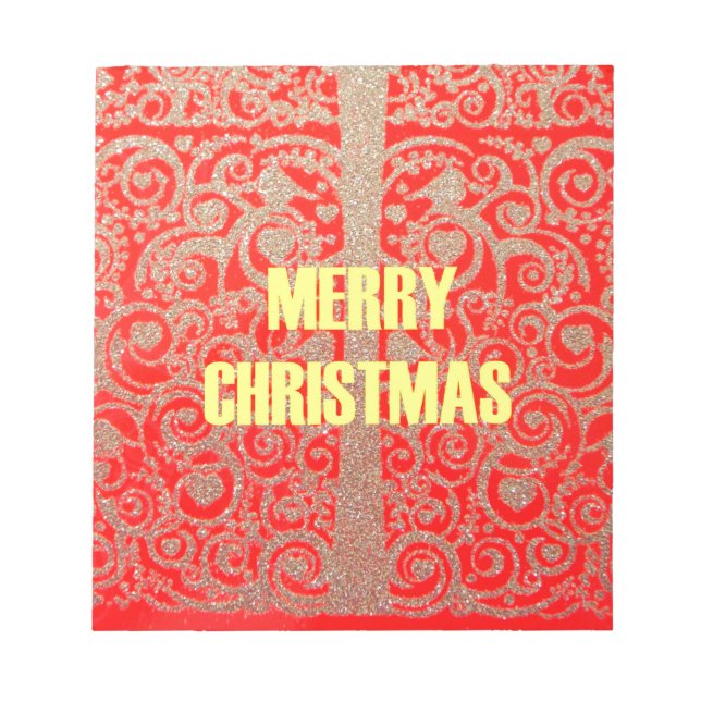Merry Christmas Golden Red Snow Glitter Hearts Art Notepad (Front)