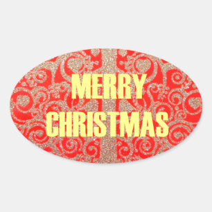 Merry Christmas Golden Red Snow Glitter Hearts Art Oval Sticker