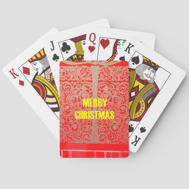 Merry Christmas Golden Red Snow Glitter Hearts Art Playing Cards (Back)