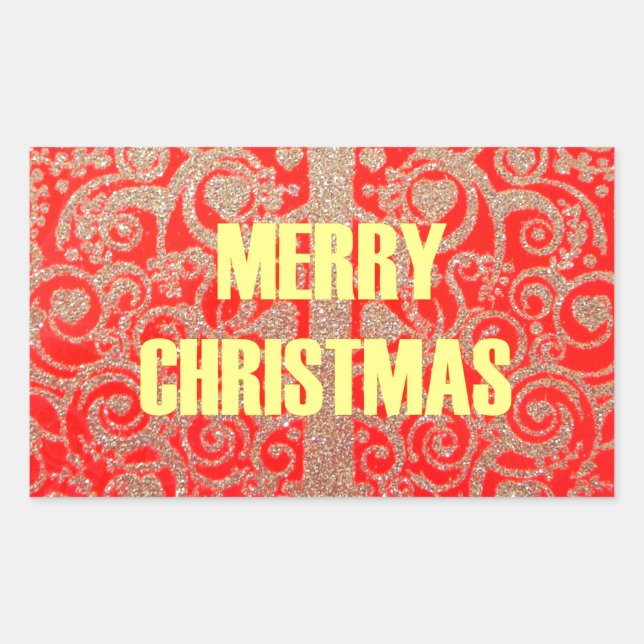 Merry Christmas Golden Red Snow Glitter Hearts Art Rectangular Sticker (Front)
