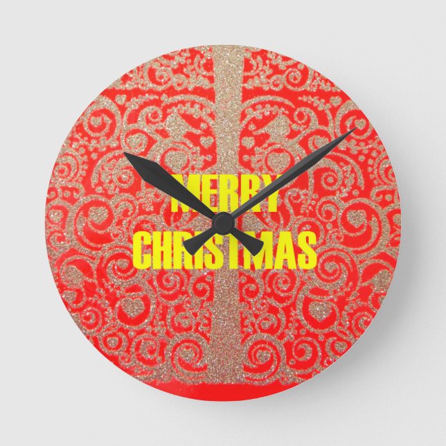Merry Christmas Golden Red Snow Glitter Hearts Art Round Clock (Front)