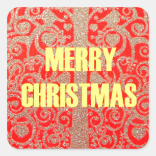 Merry Christmas Golden Red Snow Glitter Hearts Art Square Sticker