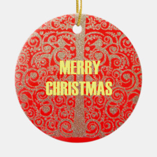 Merry Christmas Golden Red Snow Hearts Ceramic Ornament