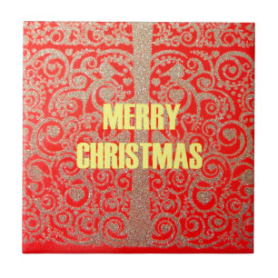 Merry Christmas Golden Red Snow Hearts Ceramic Tile