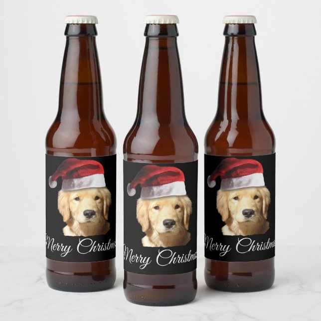 Merry Christmas Golden Retriever Beer Bottle Label (Bottles)