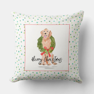 Merry Christmas Golden Retriever Dog Wreath Holly Cushion