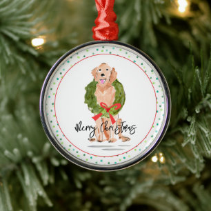 Merry Christmas Golden Retriever Dog Wreath Holly Metal Ornament