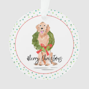 Merry Christmas Golden Retriever Dog Wreath Holly Ornament