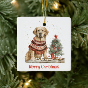 Merry Christmas Golden Retriever Dogs Ceramic Ornament