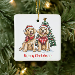 Merry Christmas Golden Retriever Dogs Ceramic Ornament