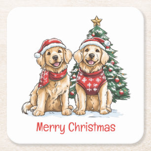Merry Christmas Golden Retriever Dogs Square Paper Coaster