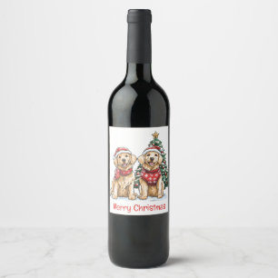 Merry Christmas Golden Retriever Dogs Wine Label