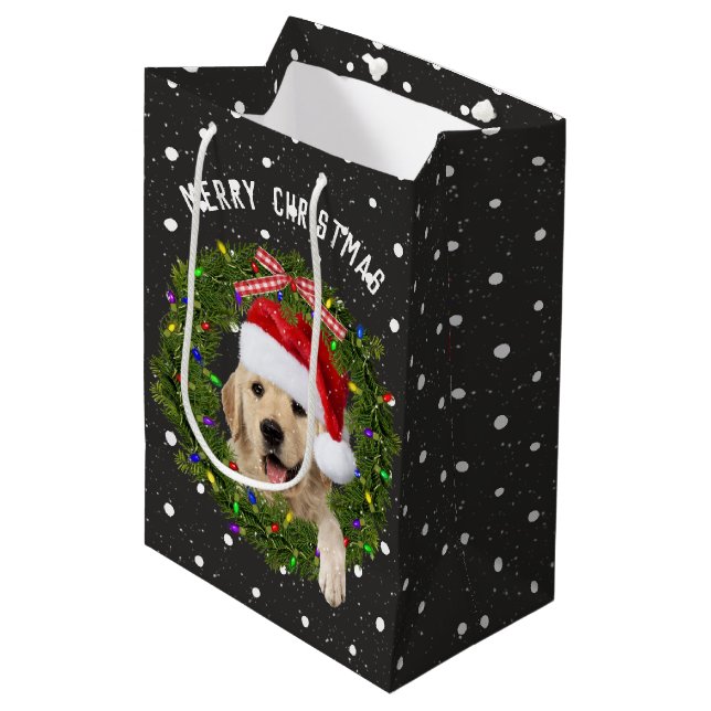 Merry Christmas Golden Retriever on polka dots Medium Gift Bag (Front Angled)