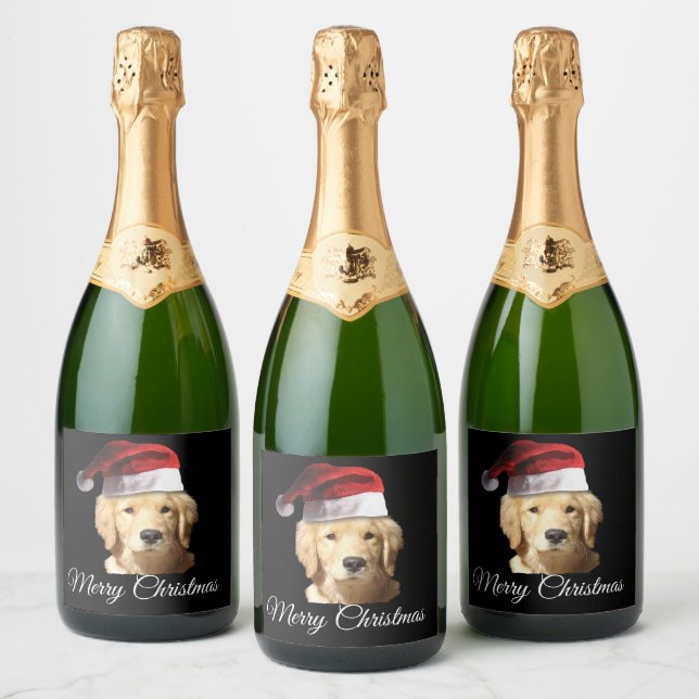 Merry Christmas Golden Retriever Sparkling Wine Label (Bottles)