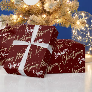 Merry Christmas Golden Script From Name Burgundy  Wrapping Paper