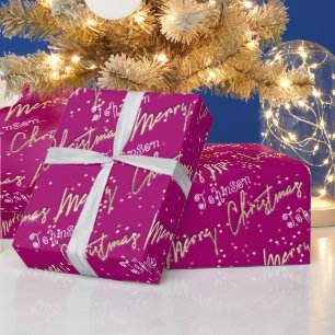 Merry Christmas Golden Script From Name Pink Berry Wrapping Paper