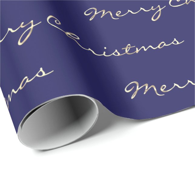 Merry Christmas Golden Script Holidays Blue Navy Wrapping Paper (Roll Corner)