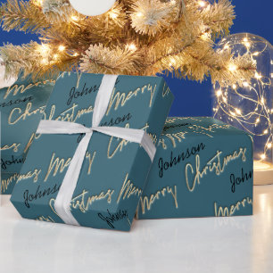 Merry Christmas Golden Script Name Black Teal Blue Wrapping Paper