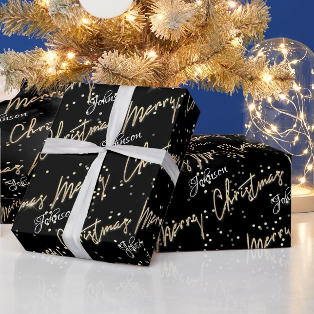 Merry Christmas Golden Script Name Black Wrapping Paper (Holidays)