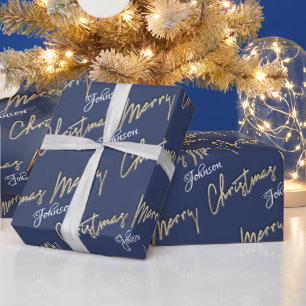 Merry Christmas Golden Script Name Blue Navy  Wrapping Paper