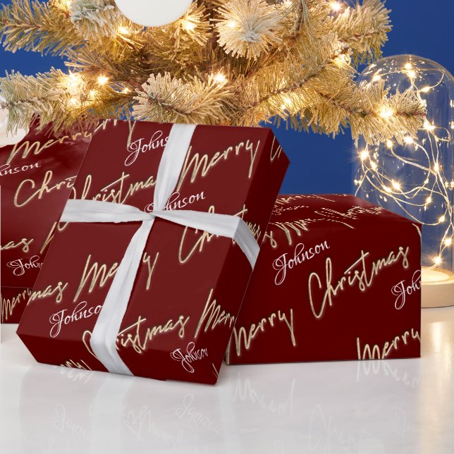 Merry Christmas Golden Script Name Custom Burgundy Wrapping Paper (Holidays)