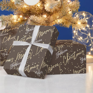 Merry Christmas Golden Script Name Royal Brown Wrapping Paper