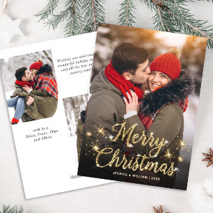 Merry Christmas Golden Sparkle 3 PHOTO Greeting Holiday Card