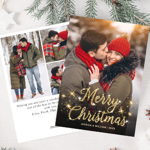 Merry Christmas Golden Sparkle 4 PHOTO Greeting Holiday Card