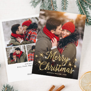 Merry Christmas Golden Sparkle 4 PHOTO Greeting Holiday Card