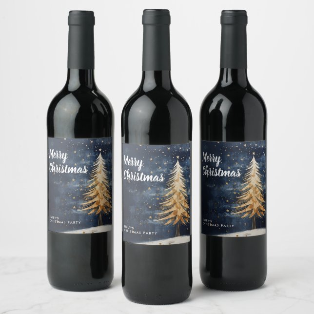 Merry Christmas Golden Tree Wine Label (Bottles)