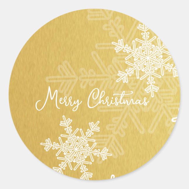 Merry Christmas Golden White Snowflake Minimalist  Classic Round Sticker (Front)