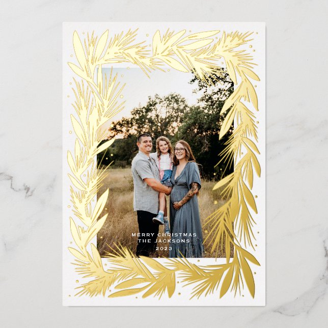 Merry Christmas Golden Wreath Foil Holiday Card (Front)