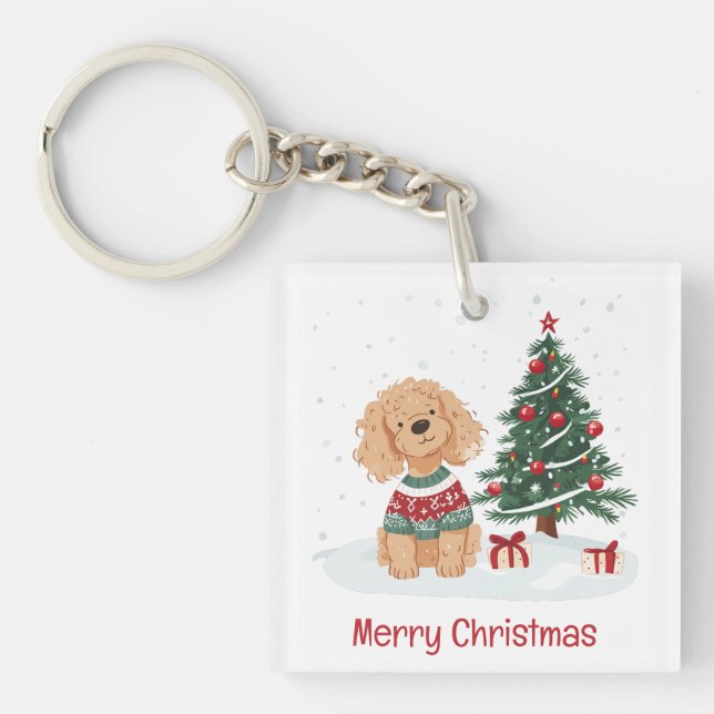 Merry Christmas Goldendoodle Dog Key Ring (Front)
