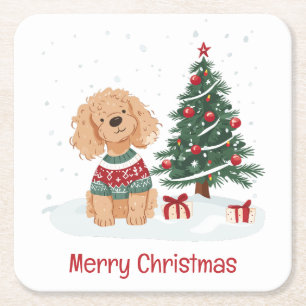 Merry Christmas Goldendoodle Dog Square Paper Coaster