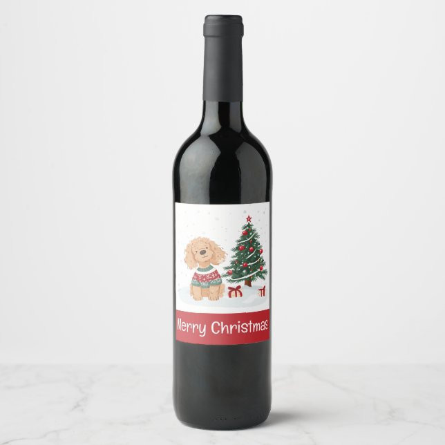 Merry Christmas Goldendoodle Dog Wine Label (Front)