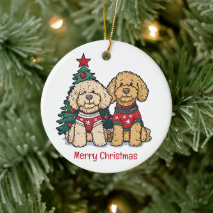Merry Christmas Goldendoodle Dogs Ceramic Ornament