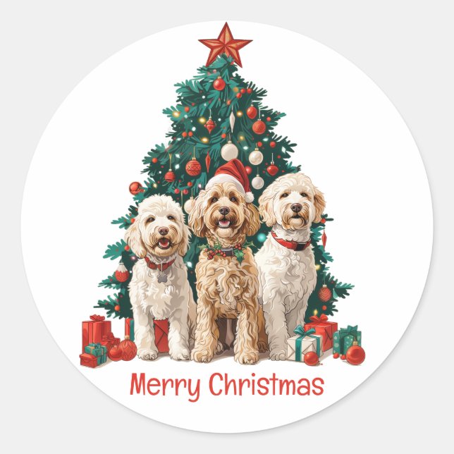 Merry Christmas Goldendoodle Dogs Classic Round Sticker (Front)
