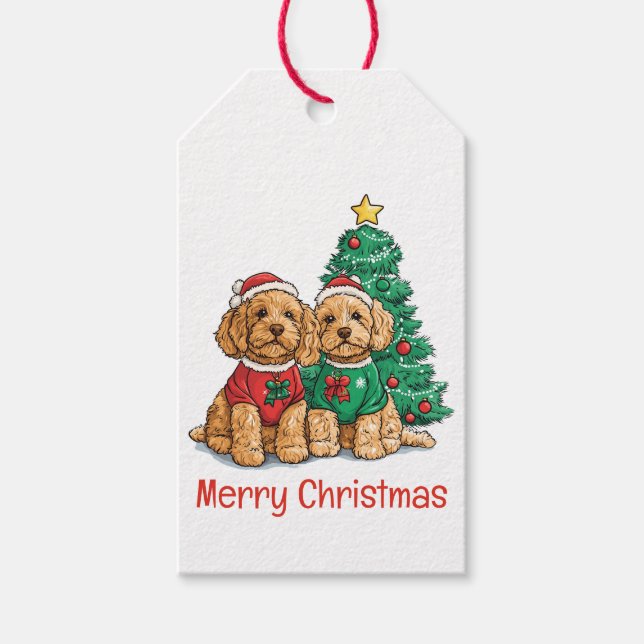 Merry Christmas Goldendoodle Dogs Gift Tags (Front)