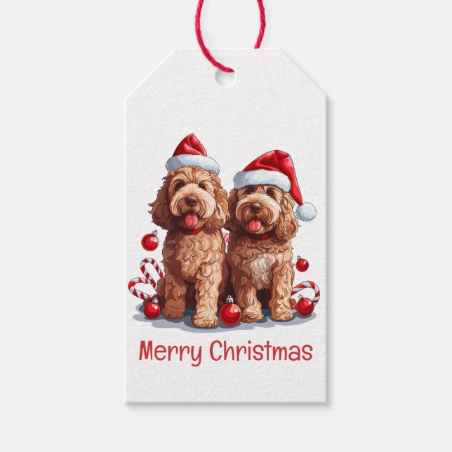 Merry Christmas Goldendoodle Dogs Gift Tags (Front)