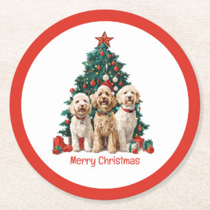 Merry Christmas Goldendoodle Dogs Round Paper Coaster