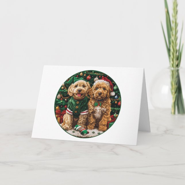 Merry Christmas Goldendoodle Puppy Dogs Holiday Card (Front)