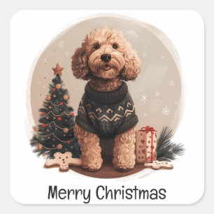Merry Christmas Goldendoodle Puppy Dogs Square Sticker