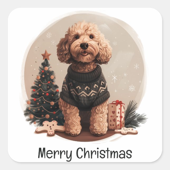 Merry Christmas Goldendoodle Puppy Dogs Square Sticker (Front)