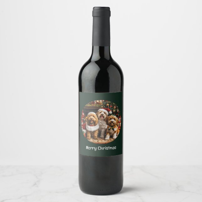Merry Christmas Goldendoodle Puppy Dogs Wine Label (Front)
