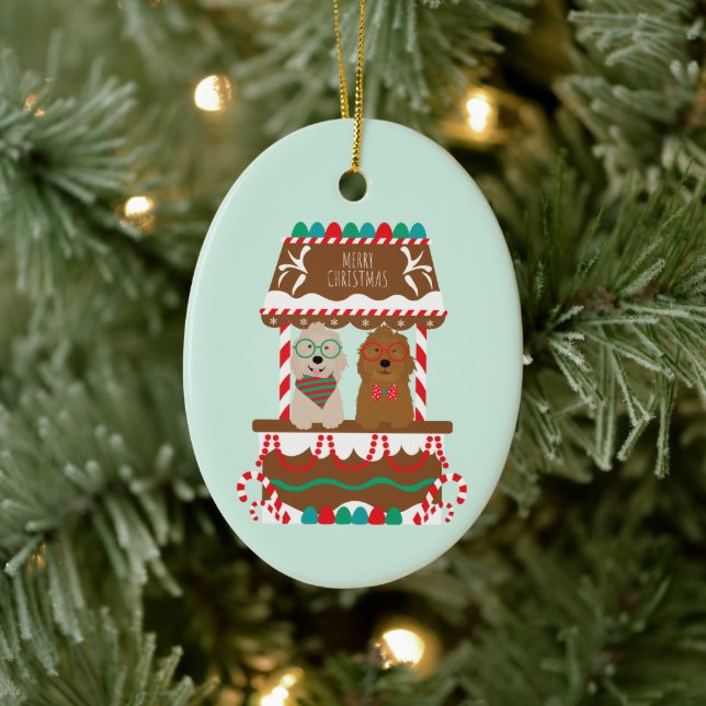 Merry Christmas Goldendoodles Holiday Stand Dogs Ceramic Ornament (Tree)