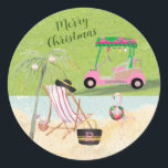 Merry Christmas Golf Cart Beach Monogram Name Classic Round Sticker<br><div class="desc">Doesn't this tell a great story -- and a sticker for the holidays.  Merry Christmas Golf Cart Beach --Name and Monogram -- the whole scene just spells out good cheer!  Any design questions just send an email to charmdesignstudio@rcn.com and we'll be delighted to assist.</div>