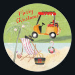 Merry Christmas Golf Cart Beach Monogram Name Classic Round Sticker<br><div class="desc">Doesn't this tell a great story -- and a sticker for the holidays.  Name and Monogram -- the whole scene just spells out good cheer!  Any design questions just send an email to charmdesignstudio@rcn.com and we'll be delighted to assist.</div>